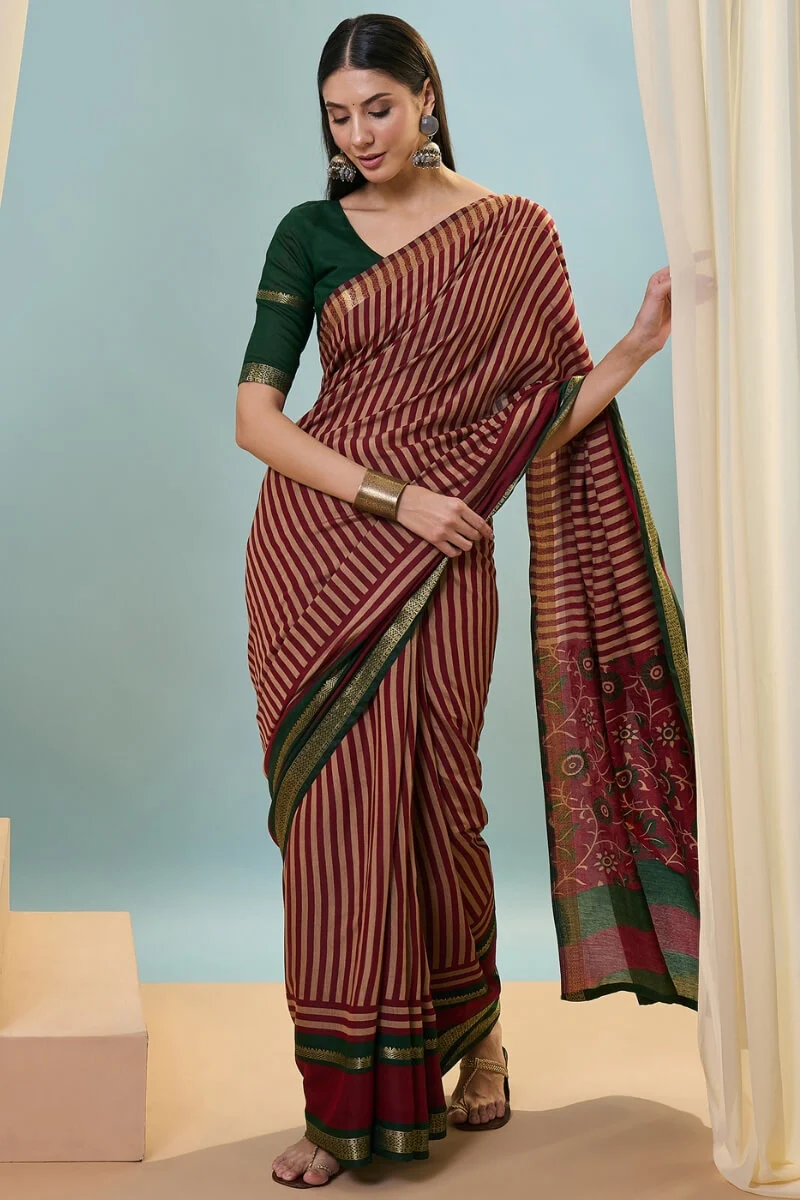 Gossamer Red Printed Cotton Silk Saree With Preferable Blouse Piece - Image 3