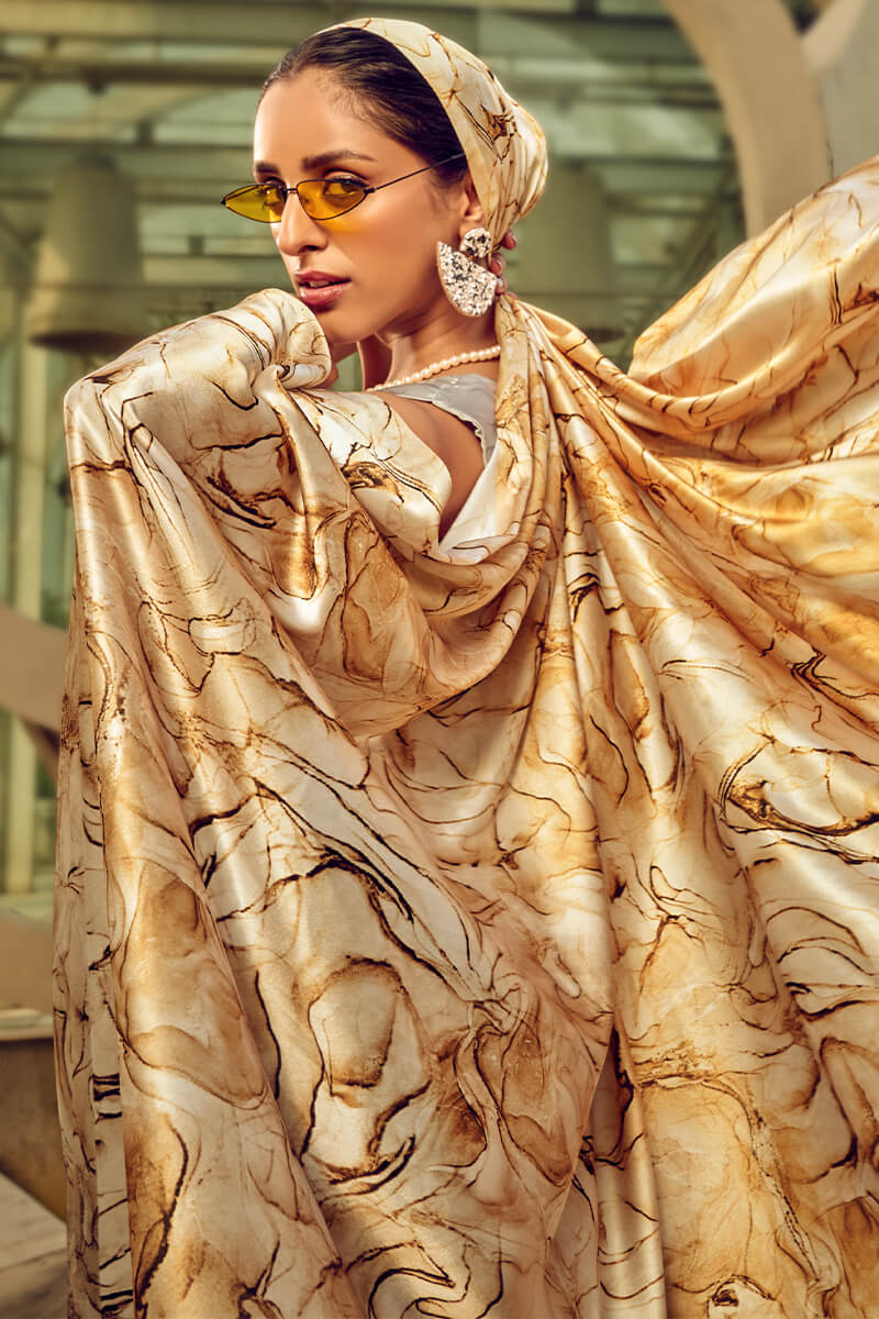 Grandiose Grey and Beige Digital Printed Satin Silk Saree With Quixotic Blouse Piece - Image 2