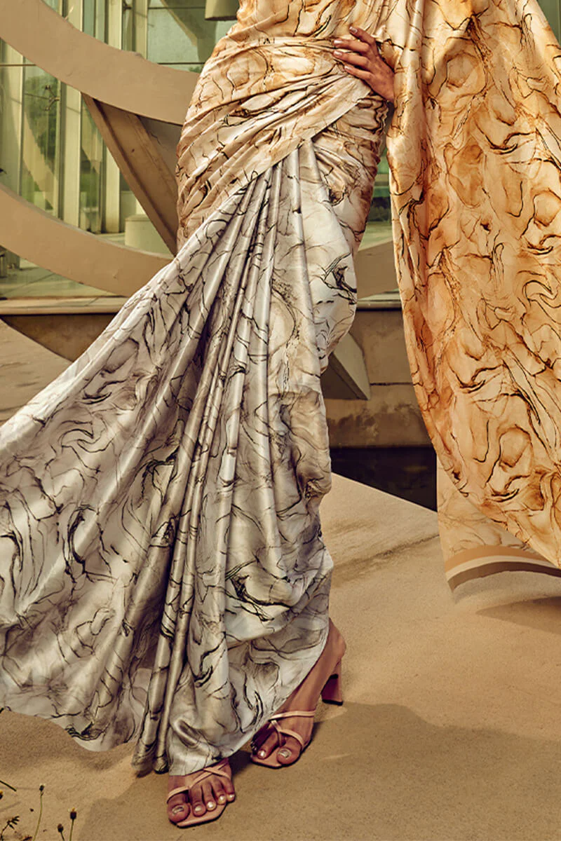 Grandiose Grey and Beige Digital Printed Satin Silk Saree With Quixotic Blouse Piece - Image 4