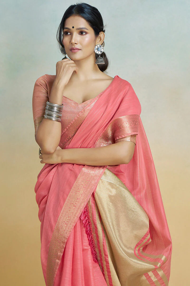 Grandiose Pink Cotton Silk Saree With Bewitching Blouse Piece - Image 3
