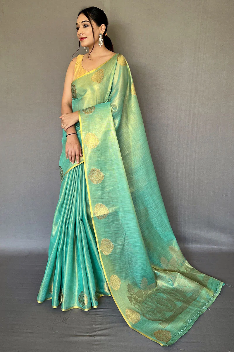 Grandiose Turquoise Soft Banarasi Tissue Silk Saree With Verdant Blouse Piece - Image 3