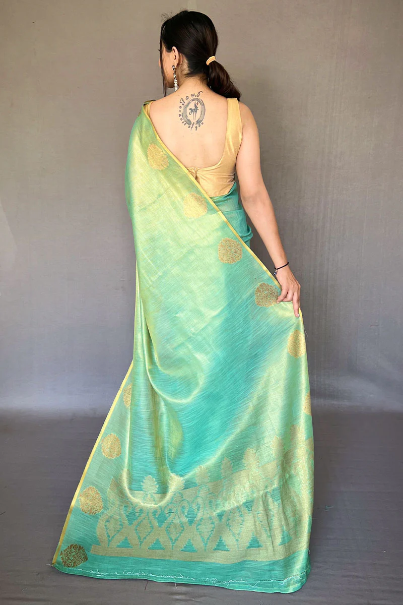 Grandiose Turquoise Soft Banarasi Tissue Silk Saree With Verdant Blouse Piece - Image 4