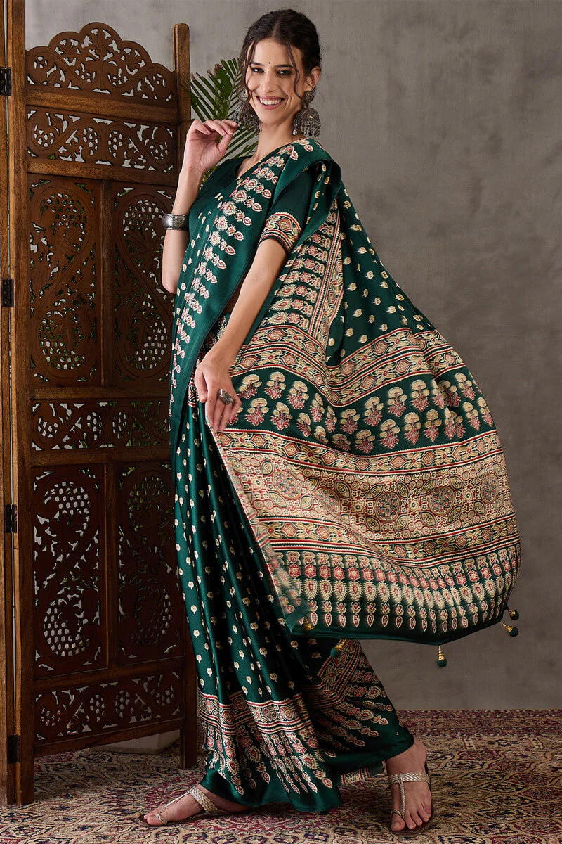 Gratifying Dark Green Ajrakh Printed Semi Modal Silk Saree With Entrancing Blouse Piece - Image 3
