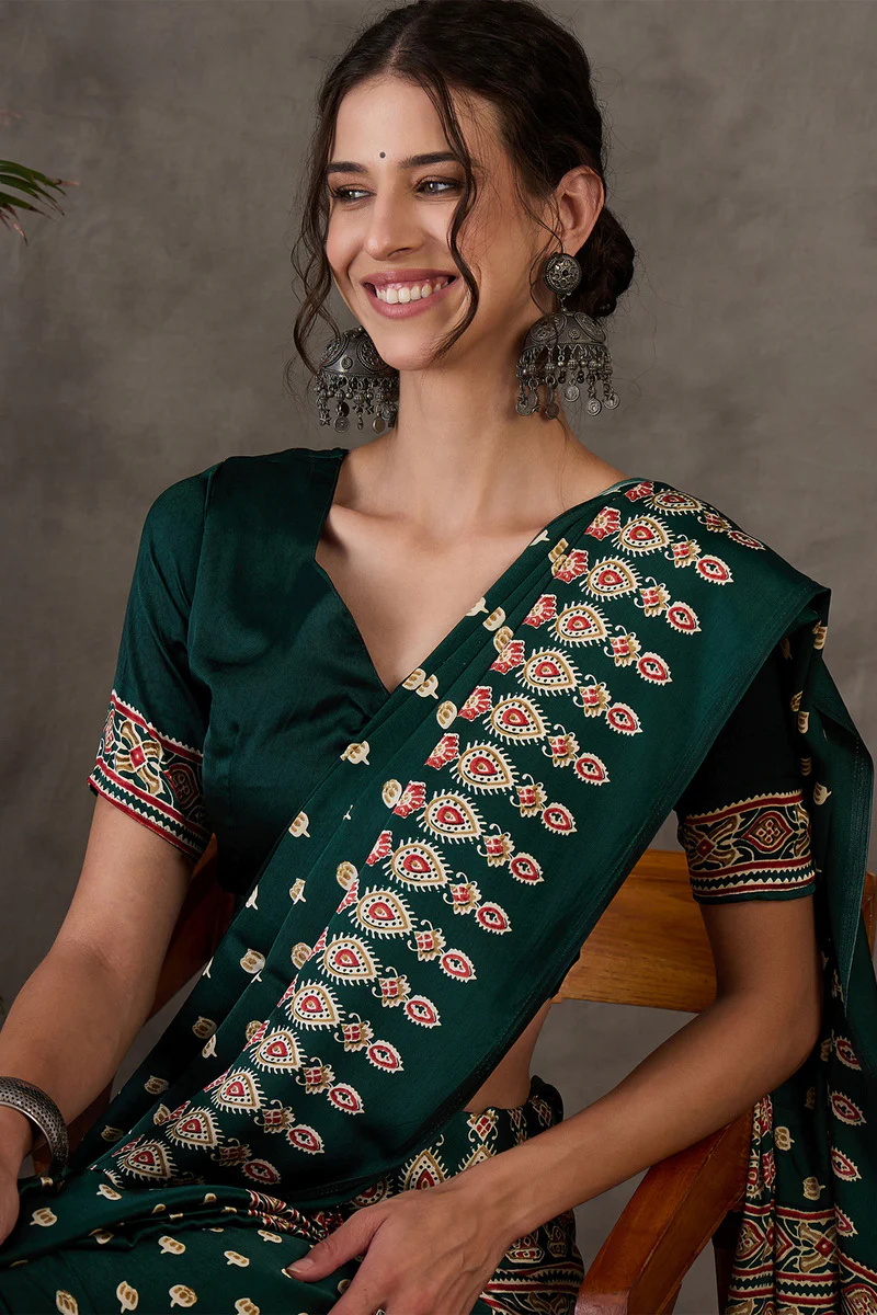 Gratifying Dark Green Ajrakh Printed Semi Modal Silk Saree With Entrancing Blouse Piece - Image 4