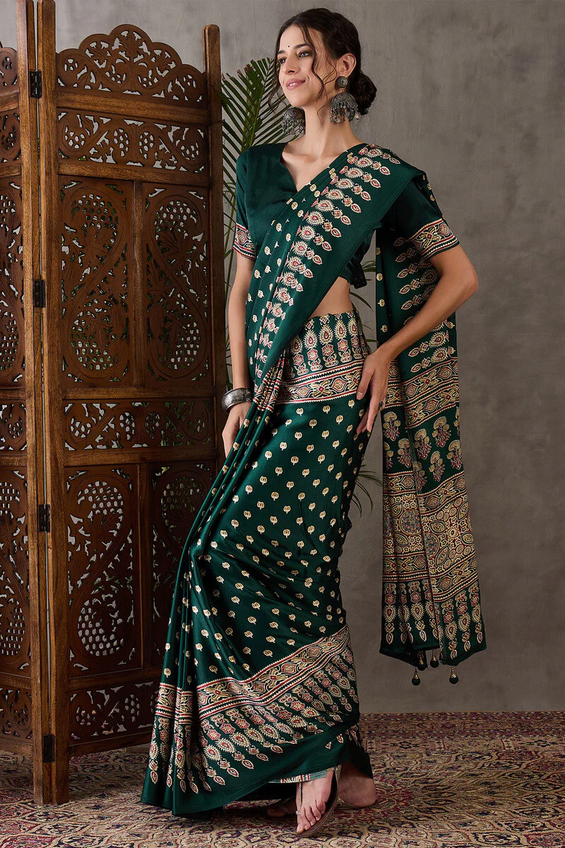 Gratifying Dark Green Ajrakh Printed Semi Modal Silk Saree With Entrancing Blouse Piece - Image 5