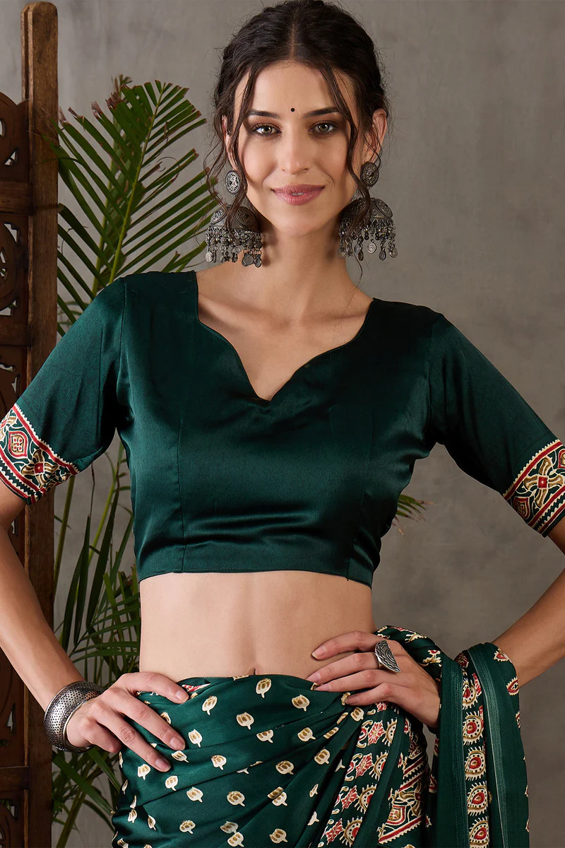 Gratifying Dark Green Ajrakh Printed Semi Modal Silk Saree With Entrancing Blouse Piece - Image 7