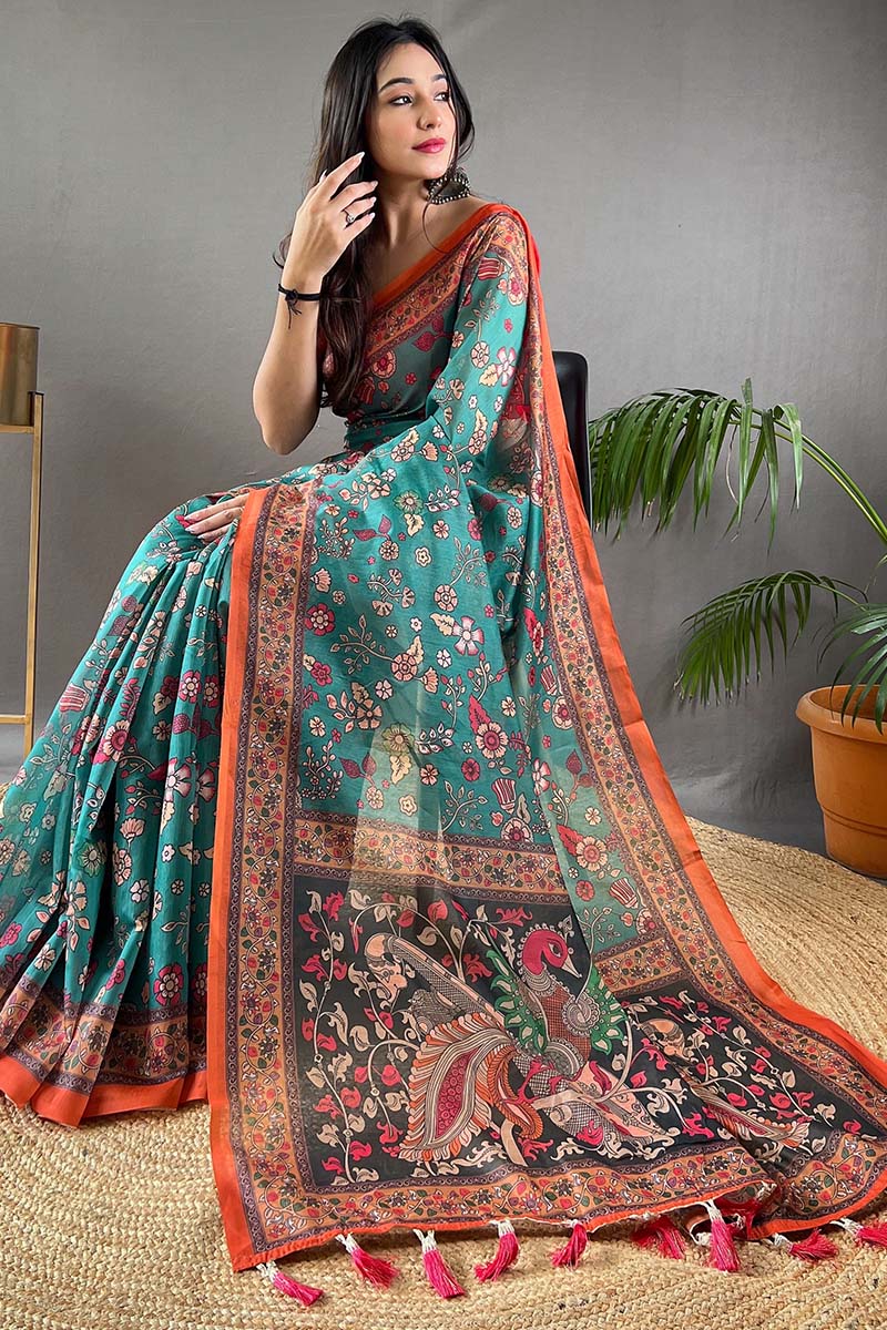 Gratifying Firozi Kalamkari Printed Saree With Girlish Blouse Piece - Image 3