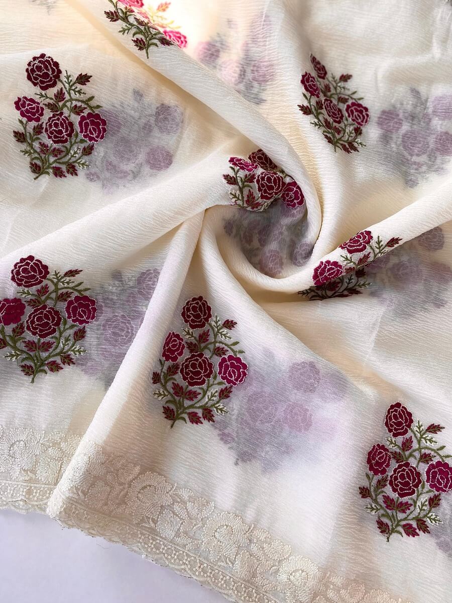 Gratifying Off White Embroidery Work Crush Silk Saree With Admirable Blouse Piece - Image 4