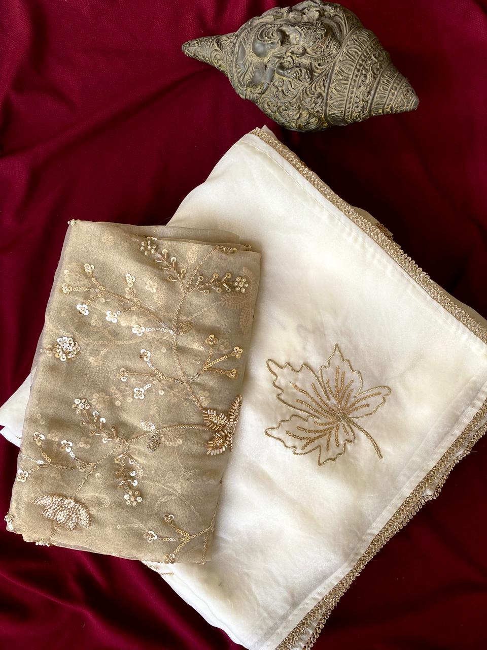 Gratifying Off White Sequins Work Chinon Silk Saree With Entrancing Blouse Piece
