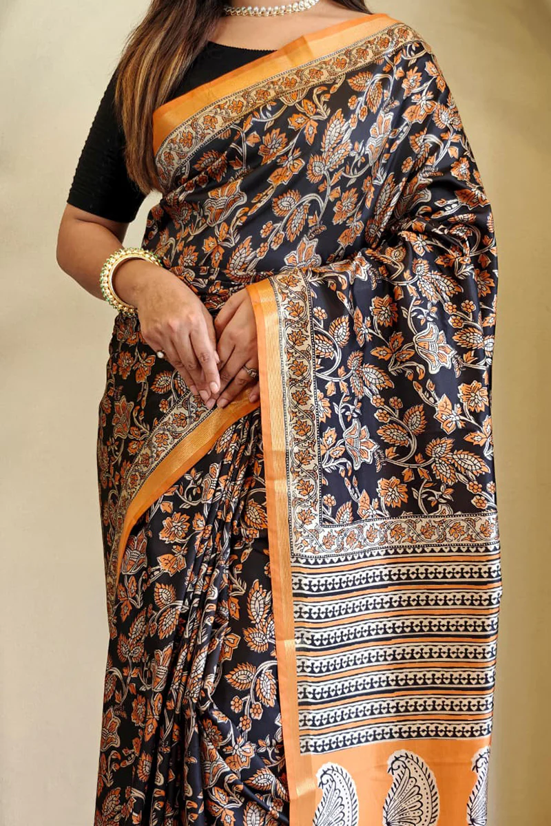 Gratifying Orange and Black Viscose Dola Silk Printed Saree With Glittering Blouse Piece - Image 2