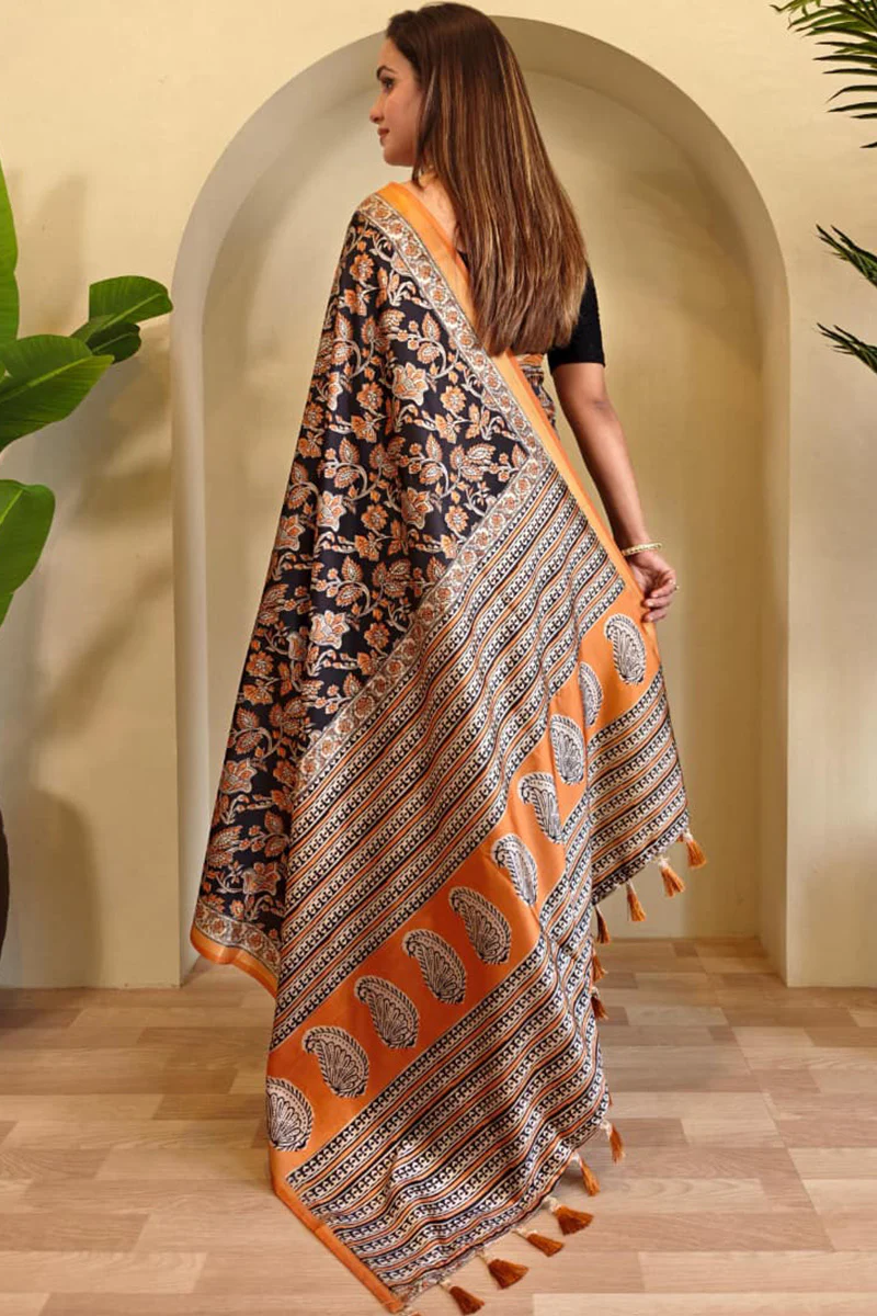 Gratifying Orange and Black Viscose Dola Silk Printed Saree With Glittering Blouse Piece - Image 5