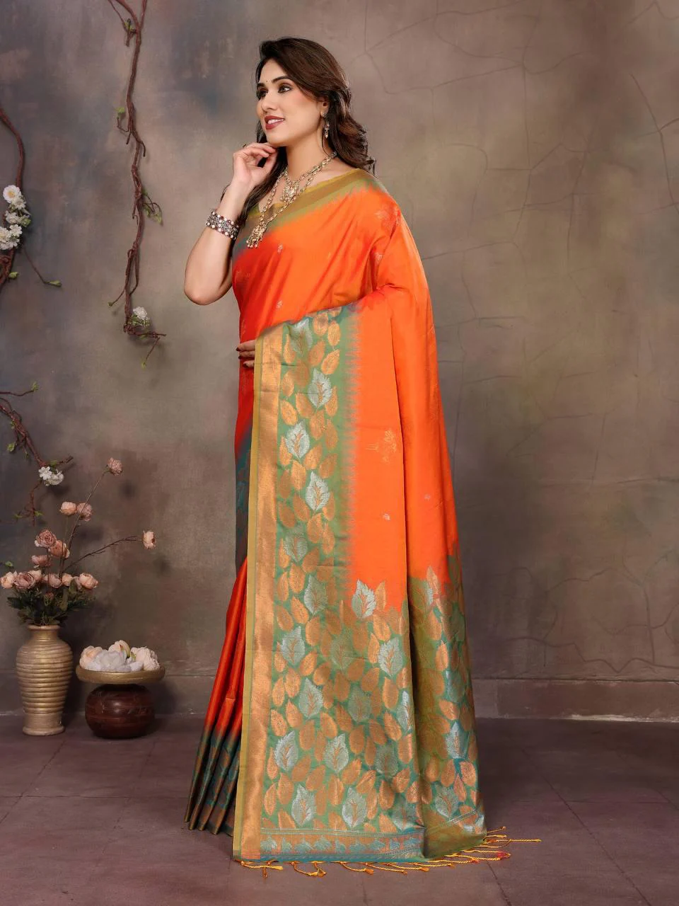 Gratifying Orange Soft Banarasi Silk Saree With Improbable Blouse Piece - Image 3