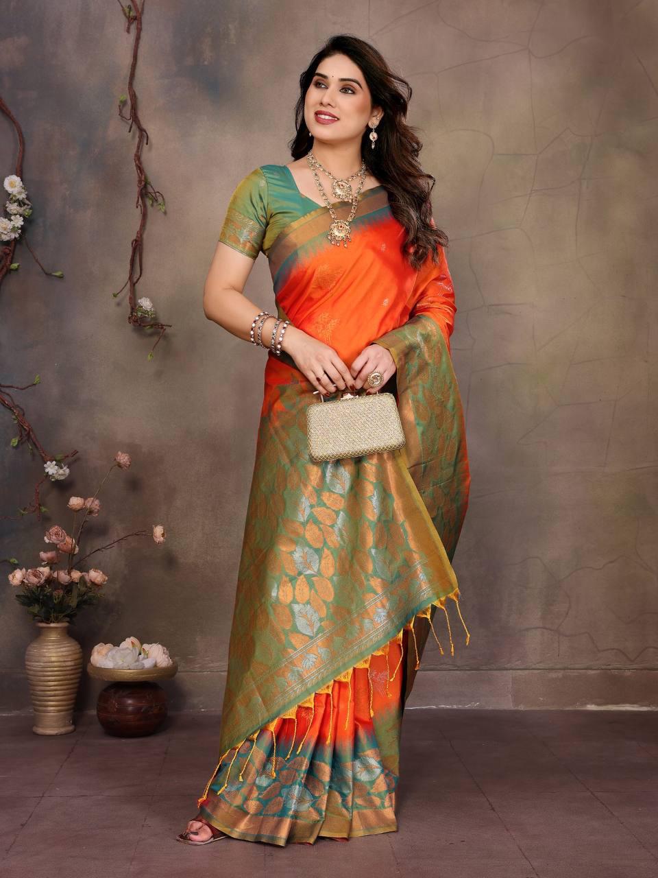 Gratifying Orange Soft Banarasi Silk Saree With Improbable Blouse Piece - Image 4