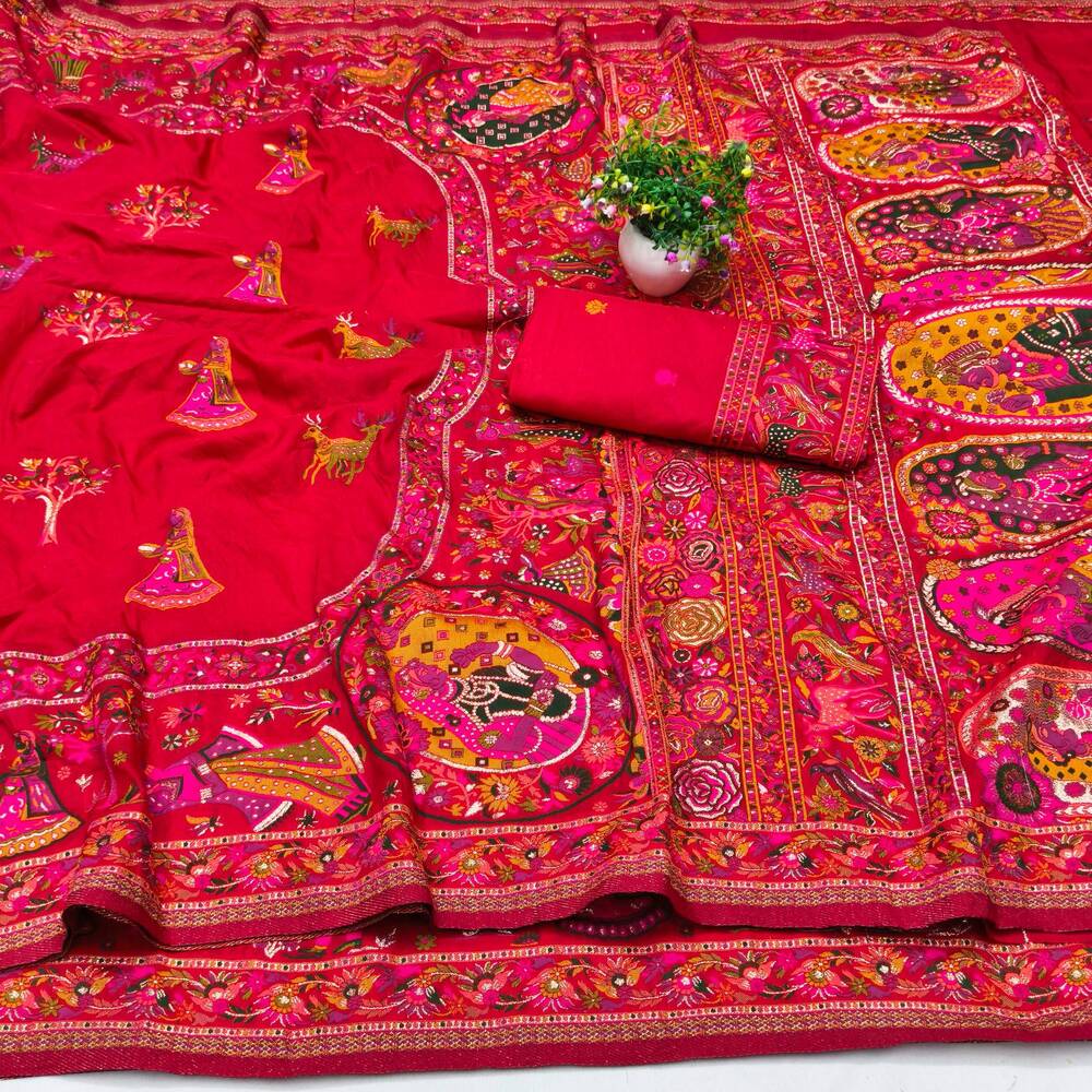 Gratifying Red Nylon Dola Pashmina Saree With Dalliance Blouse Piece - Image 2