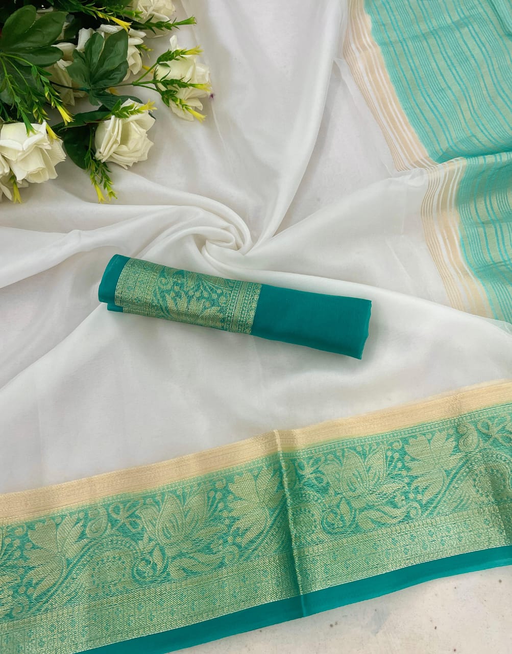 Gratifying White and Firozi Orgenza Silk Saree With Fantabulous Blouse Piece - Image 2