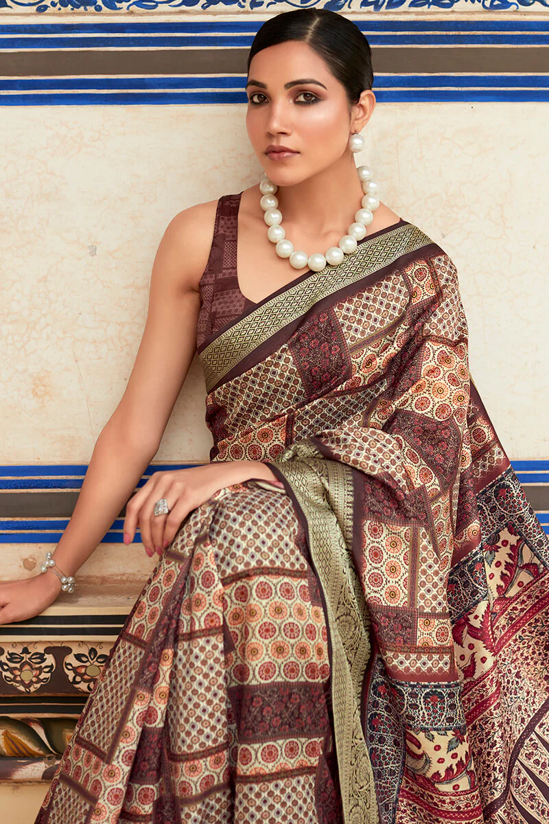 Gratifying Wine Digital Printed Dola Silk Saree With Supernal Blouse Piece - Image 3