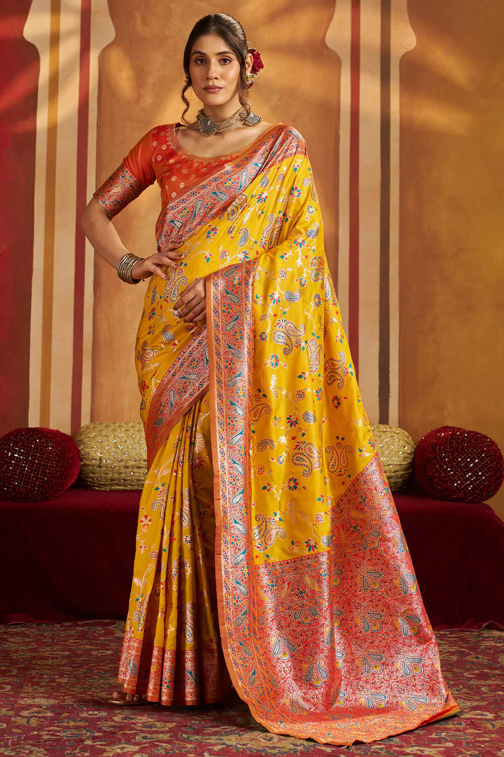 Gratifying Yellow Pure Zari Weaving Banarasi Silk Saree With Piquant Blouse Piece