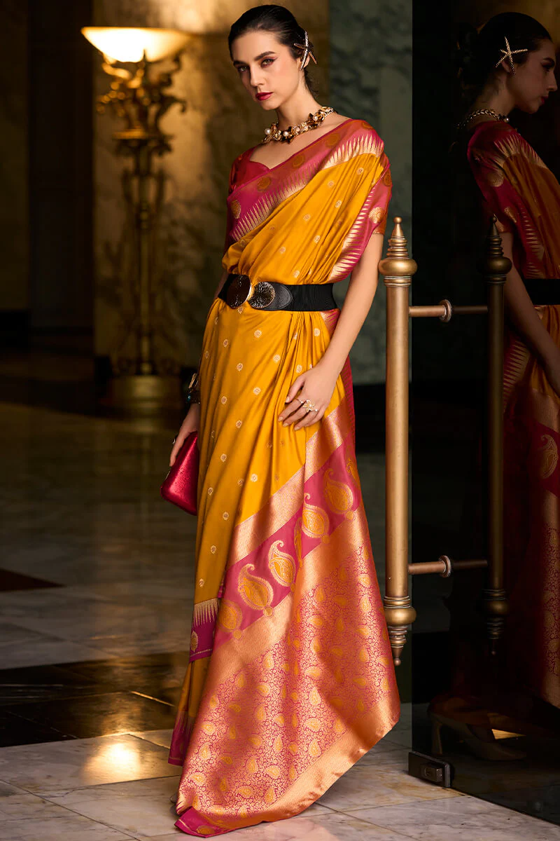 Gratifying Yellow Soft Banarasi Silk Saree With Staggering Blouse Piece - Image 3