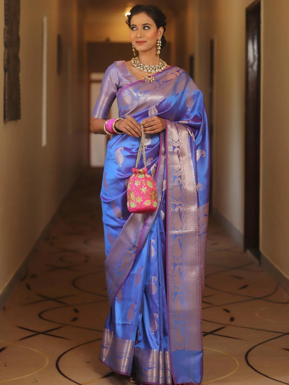 Groovy Blue Soft Banarasi Silk Saree With Artistic Blouse Piece - Image 3