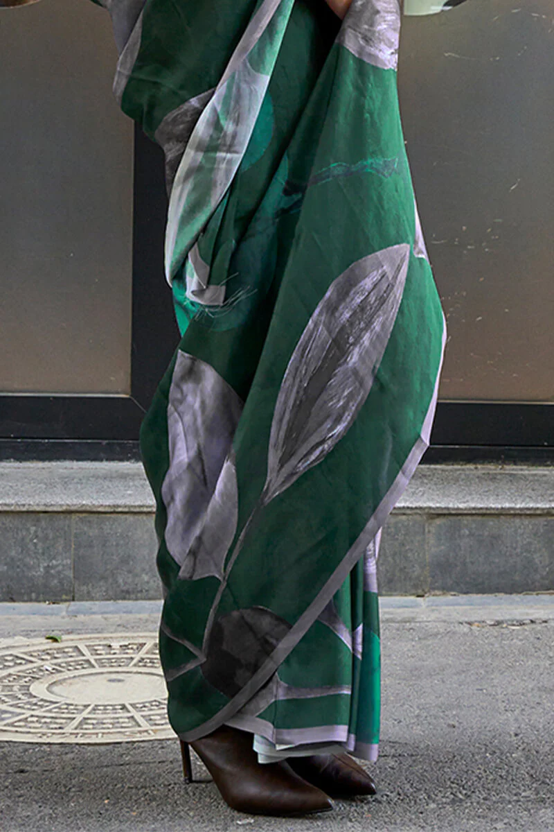 Groovy Dark Green Digital Printed Satin Silk Saree With Flamboyant Blouse Piece - Image 3