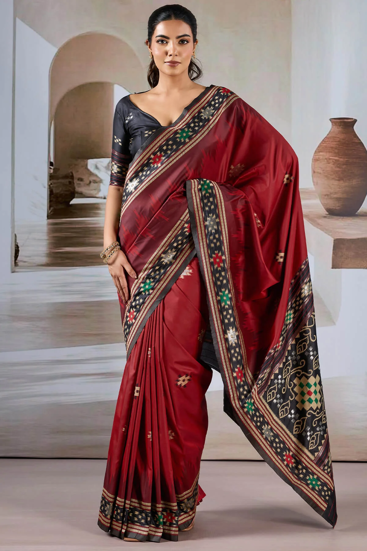Groovy Maroon Patola Silk Saree with Girlish Blouse Piece