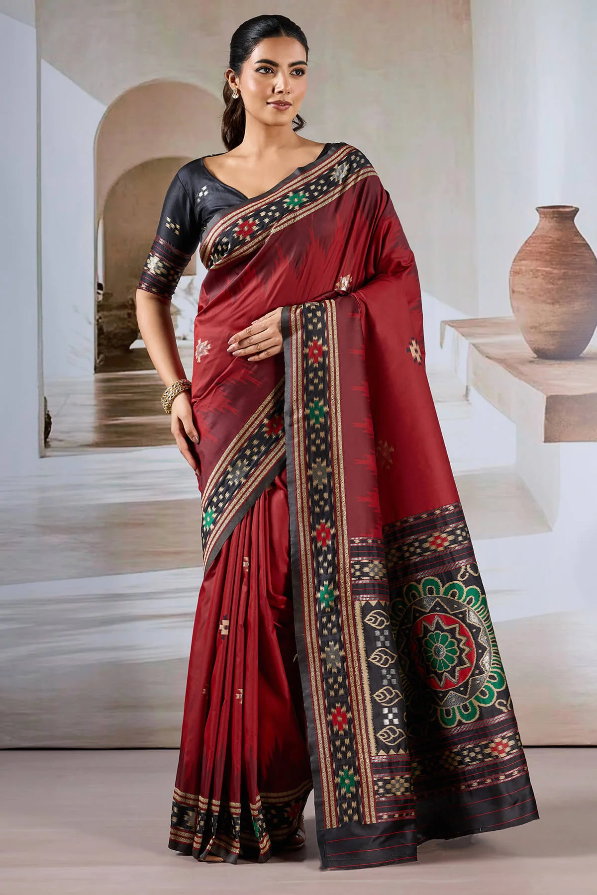 Groovy Maroon Patola Silk Saree with Girlish Blouse Piece - Image 4