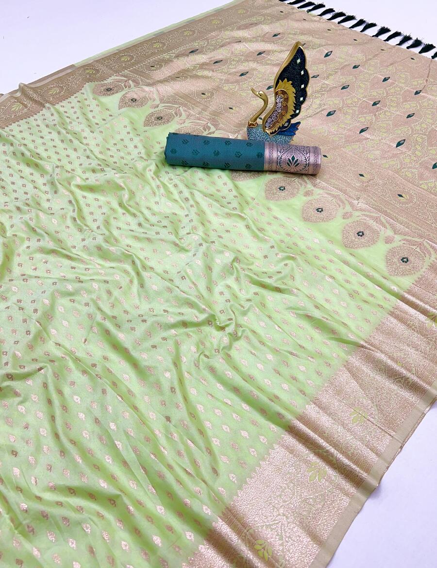 Groovy Pista Soft Banarasi Silk Saree With Diaphanous Blouse Piece