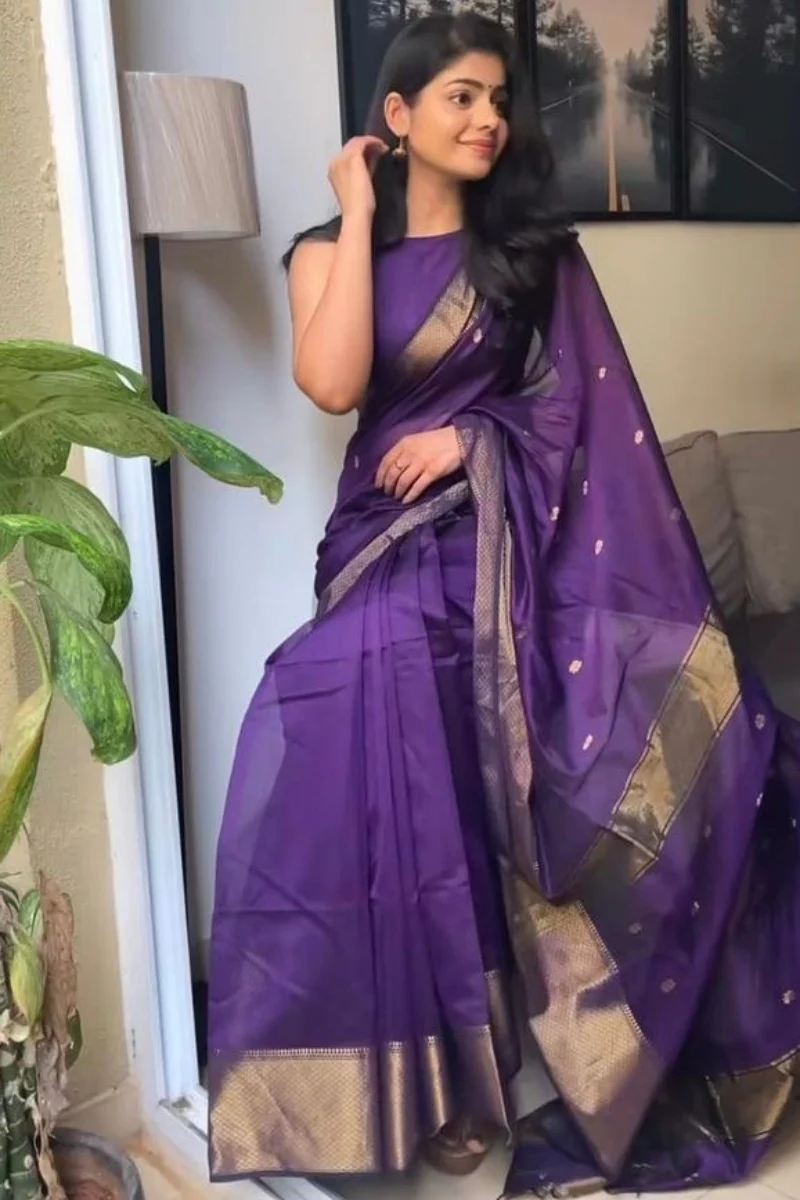 Groovy Purple Cotton Silk Saree With Adoring Blouse Piece - Image 5