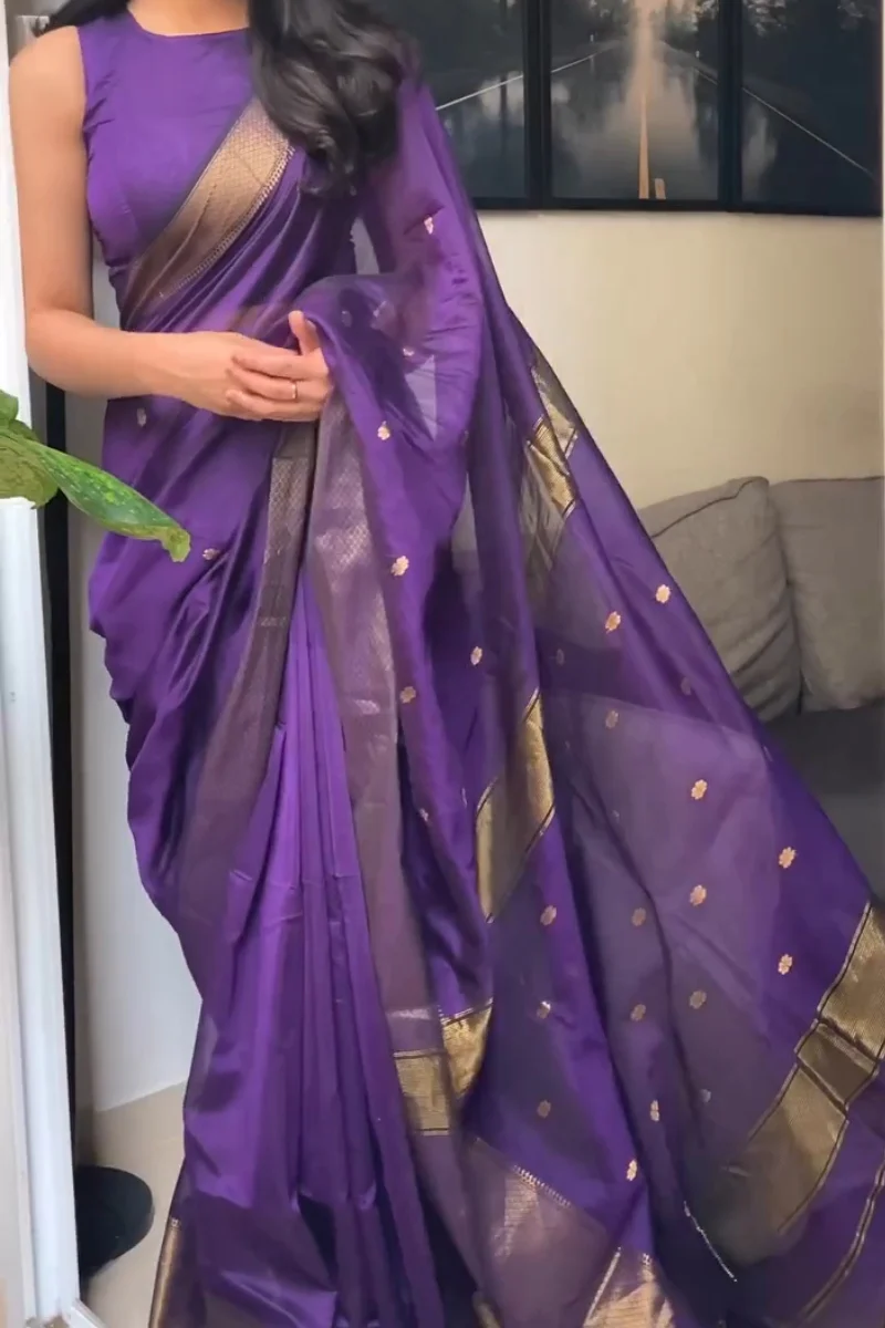 Groovy Purple Cotton Silk Saree With Adoring Blouse Piece - Image 7
