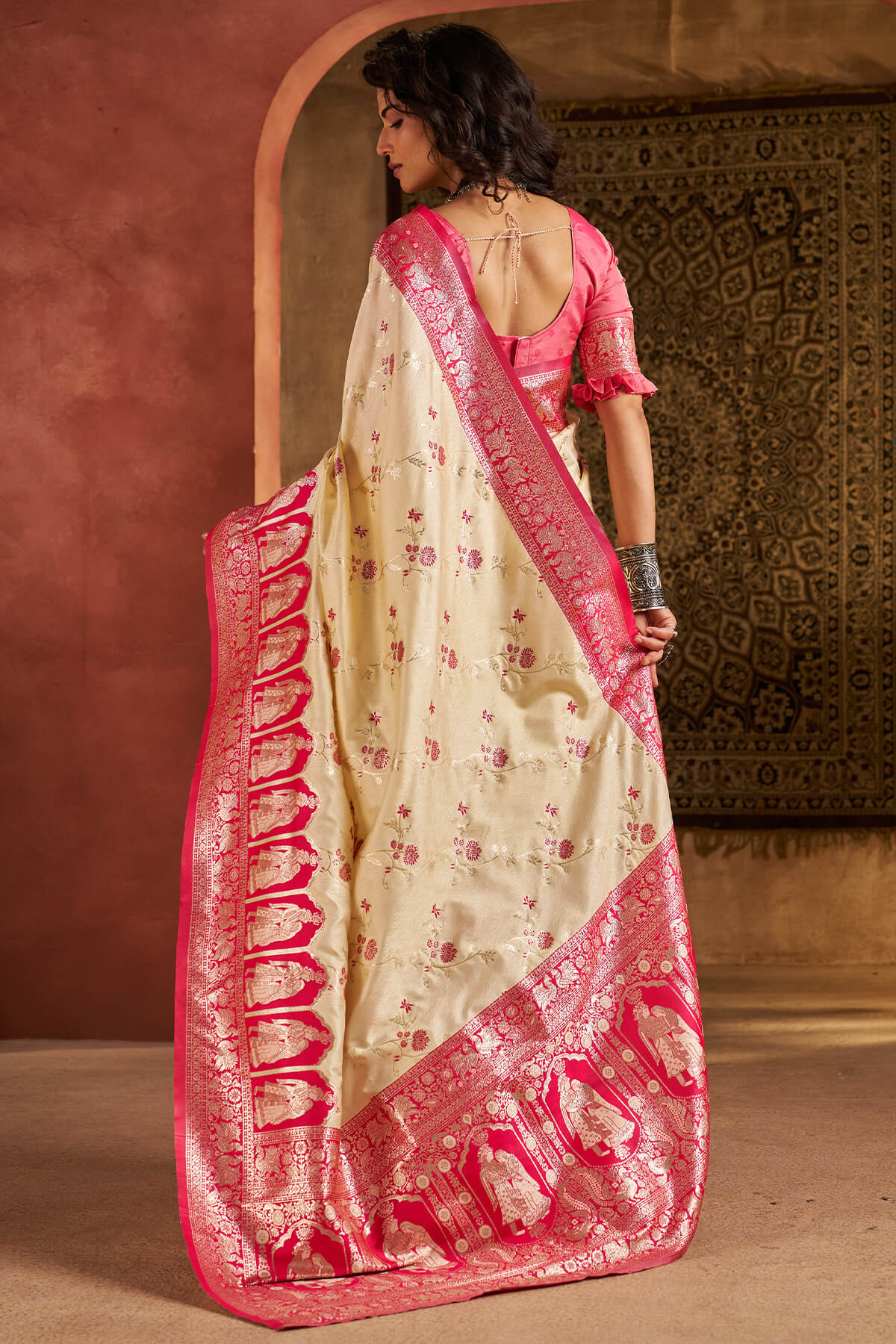 Hypnotic Beige Pure Zari Weaving Banarasi Silk Saree With Mellifluous Blouse Piece - Image 5