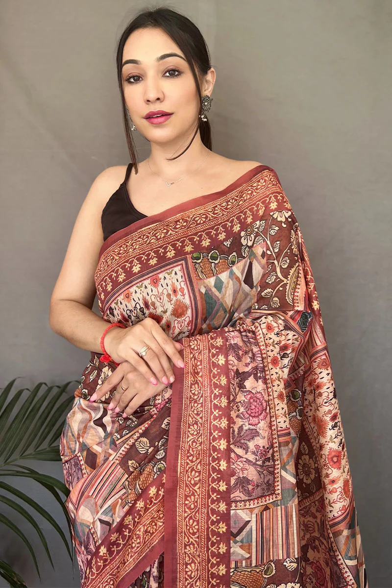 Hypnotic Brown Digital Printed Cotton Silk Saree With Radiant Blouse Piece - Image 2