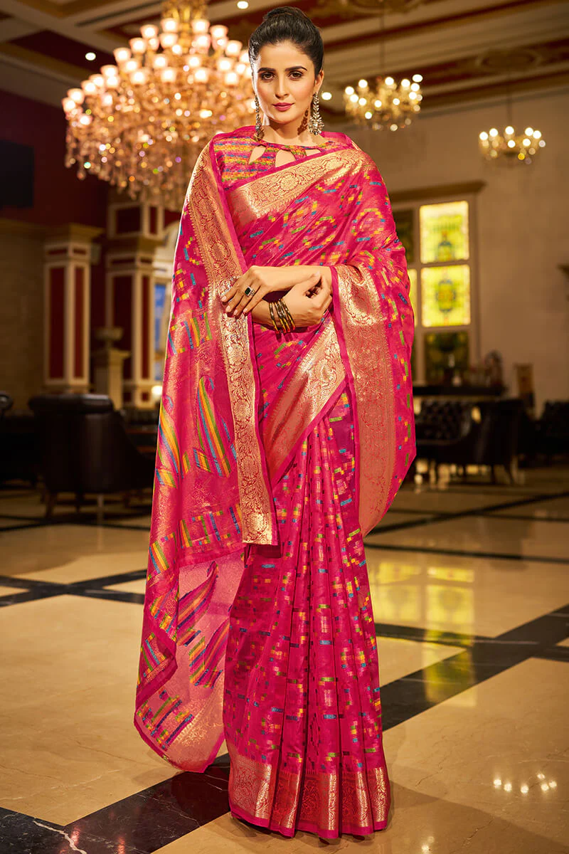 Hypnotic Dark Pink Organza Silk Saree With Demesne Blouse Piece - Image 3