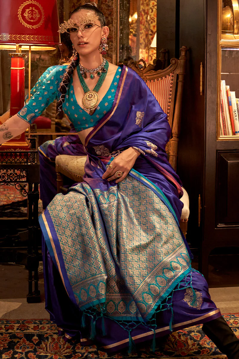 Hypnotic Purple Banarasi Satin Silk Saree With Glorious Blouse - Image 2