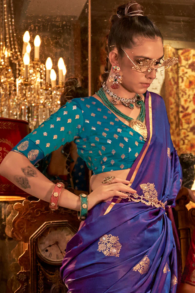 Hypnotic Purple Banarasi Satin Silk Saree With Glorious Blouse - Image 3