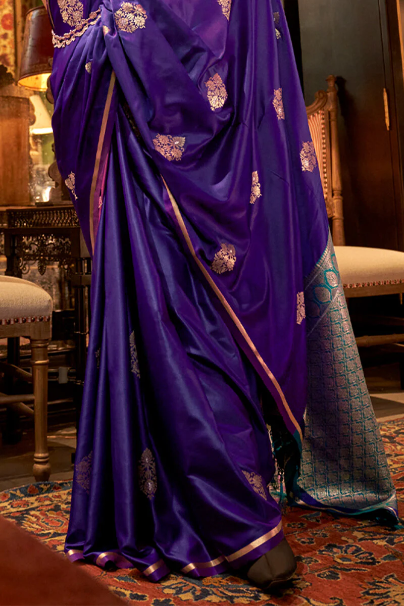 Hypnotic Purple Banarasi Satin Silk Saree With Glorious Blouse - Image 4