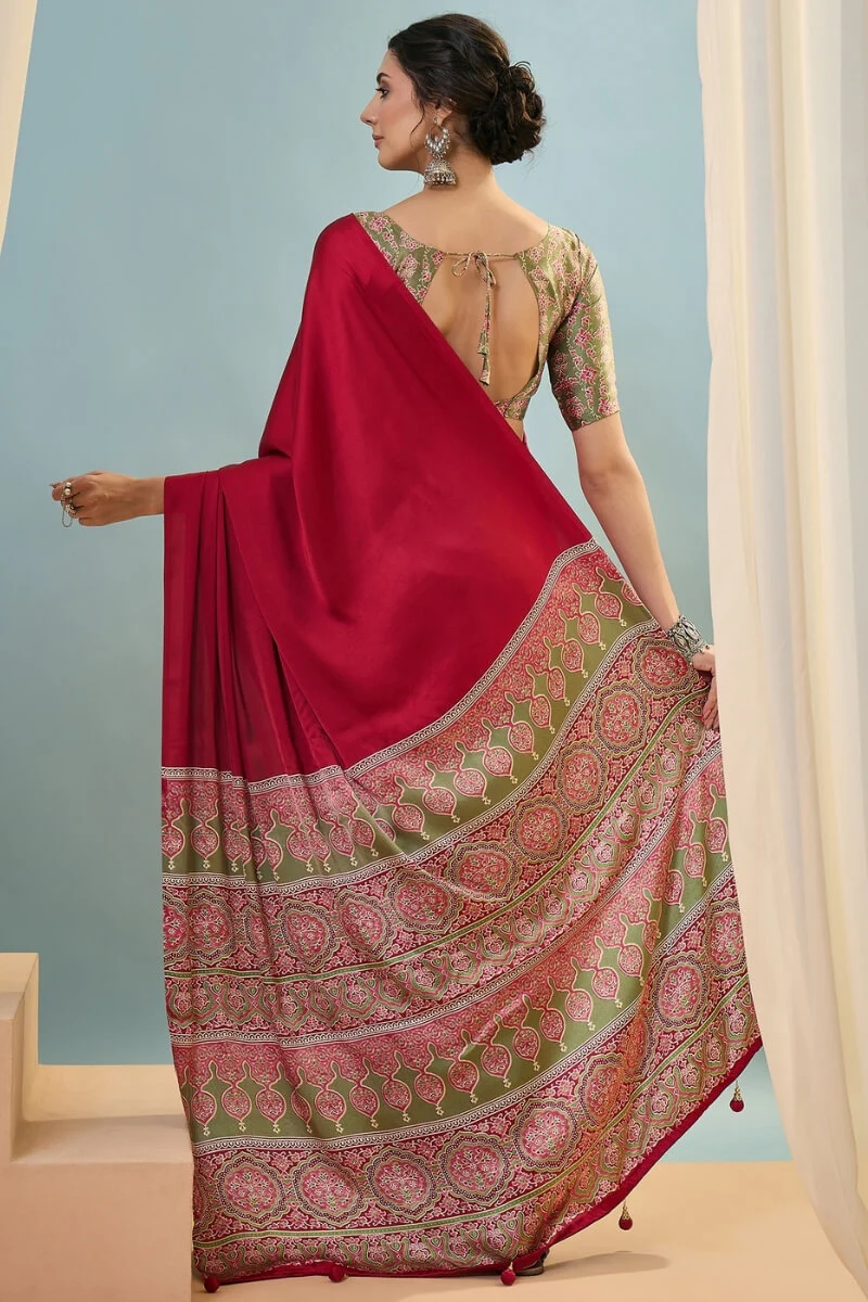 Hypnotic Red Ajrakh Printed Semi Modal Silk Saree With Nemesis Blouse Piece - Image 7