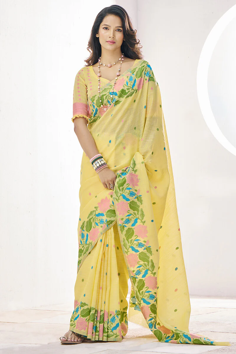 Hypnotic Yellow Cotton Silk Saree With Twirling Blouse Piece