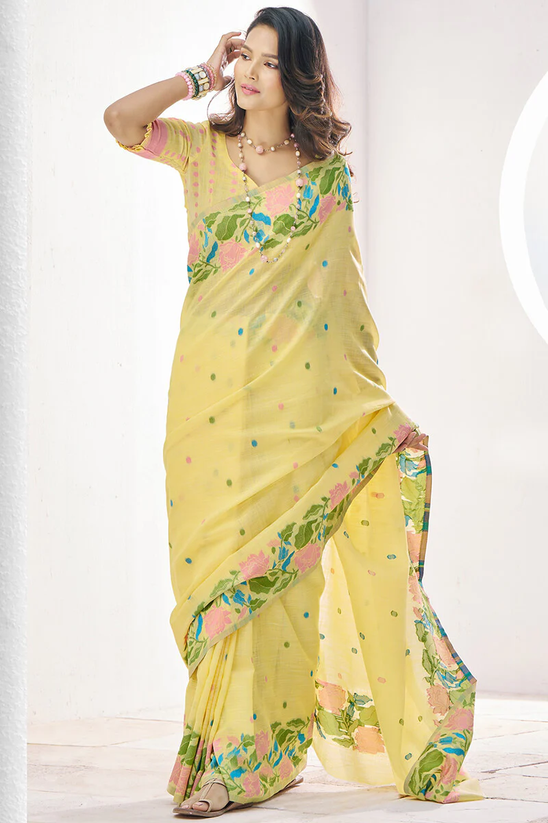 Hypnotic Yellow Cotton Silk Saree With Twirling Blouse Piece - Image 2