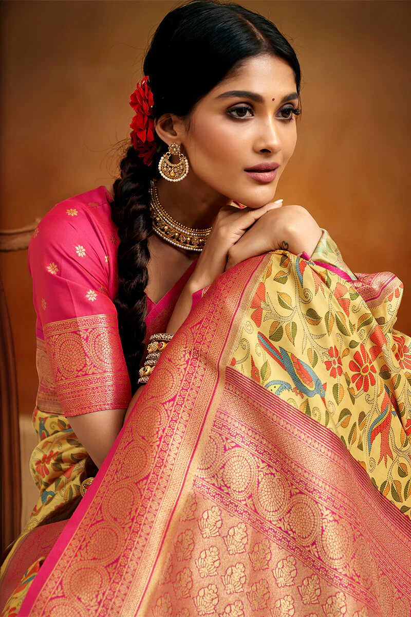 Hypnotic Yellow Kalamkari Printed Saree With Whimsical Blouse Piece - Image 2