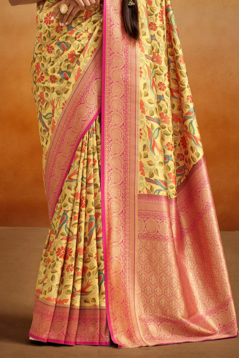 Hypnotic Yellow Kalamkari Printed Saree With Whimsical Blouse Piece - Image 3