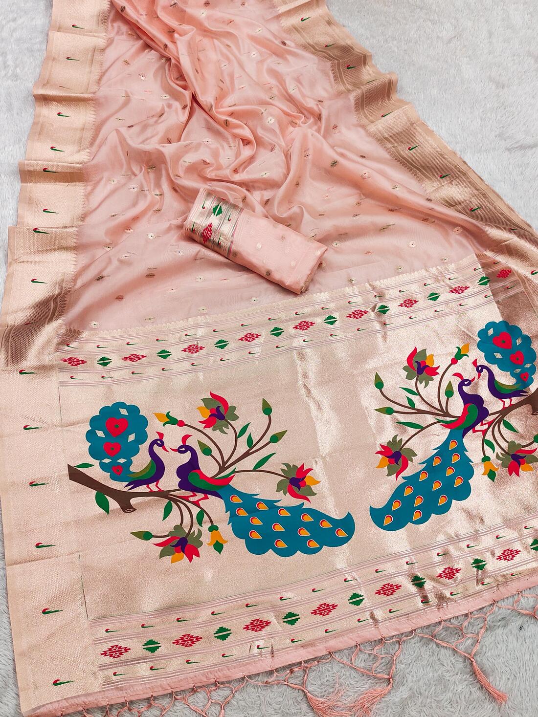 Ideal Baby Pink Paithani Silk Saree With Imaginative Blouse Piece - Image 2