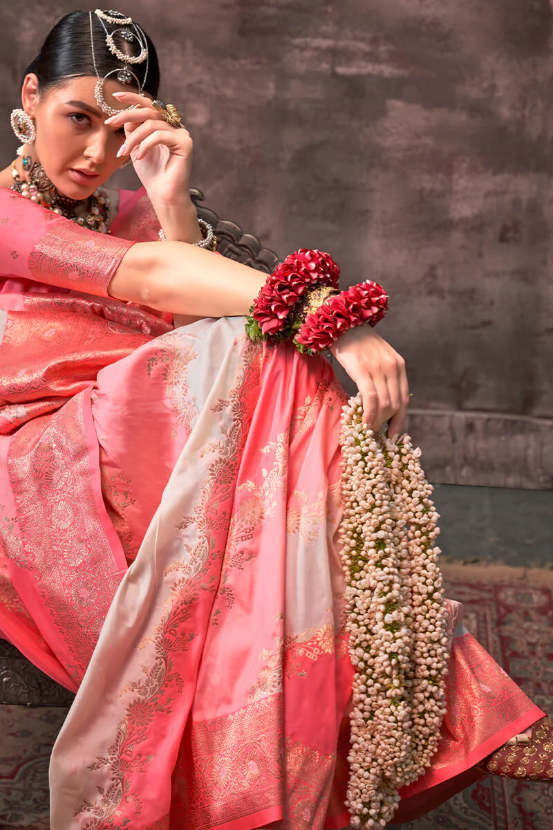 Ideal Baby Pink Soft Banarasi Silk Saree With Exuberant Blouse Piece - Image 4