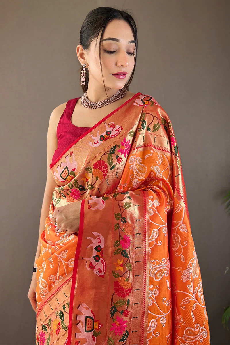 Ideal Orange Paithani Silk Saree With Adoring Blouse Piece - Image 2