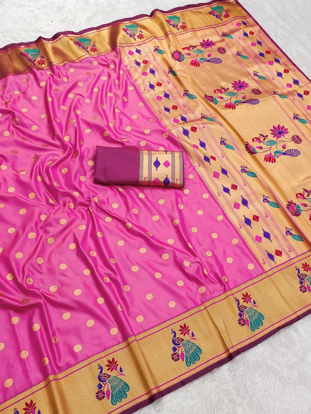 Ideal Pink Paithani Silk Saree With Amiable Blouse Piece
