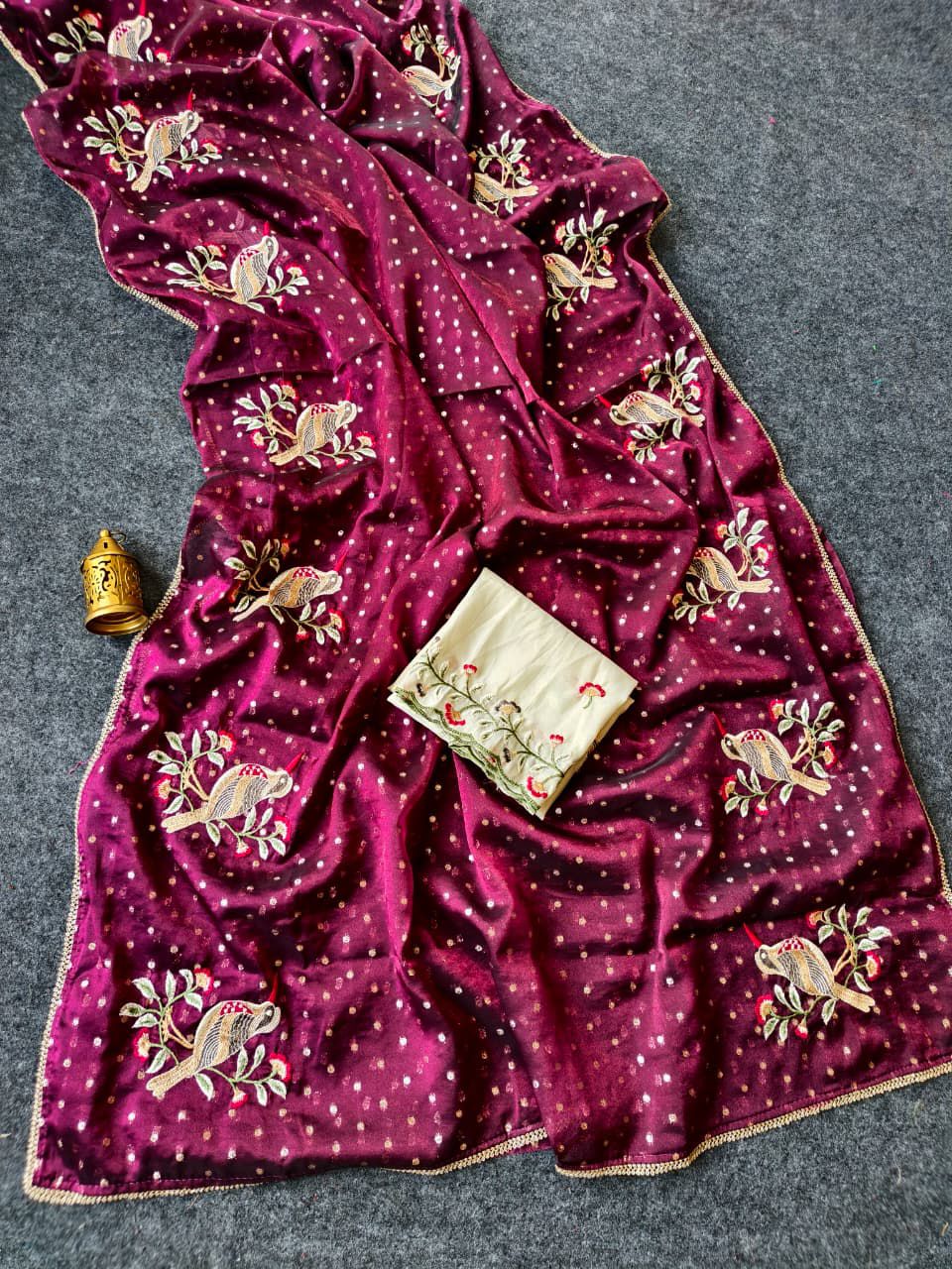 Ideal Wine Embroidery Work Chiffon Silk Saree With Imaginative Blouse Piece - Image 2