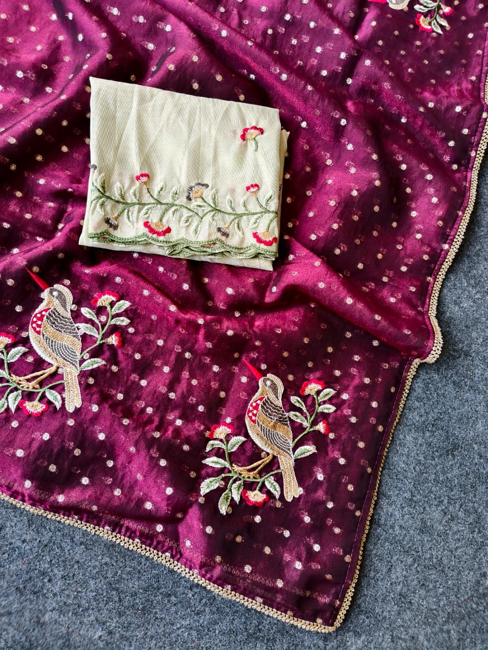 Ideal Wine Embroidery Work Chiffon Silk Saree With Imaginative Blouse Piece - Image 3