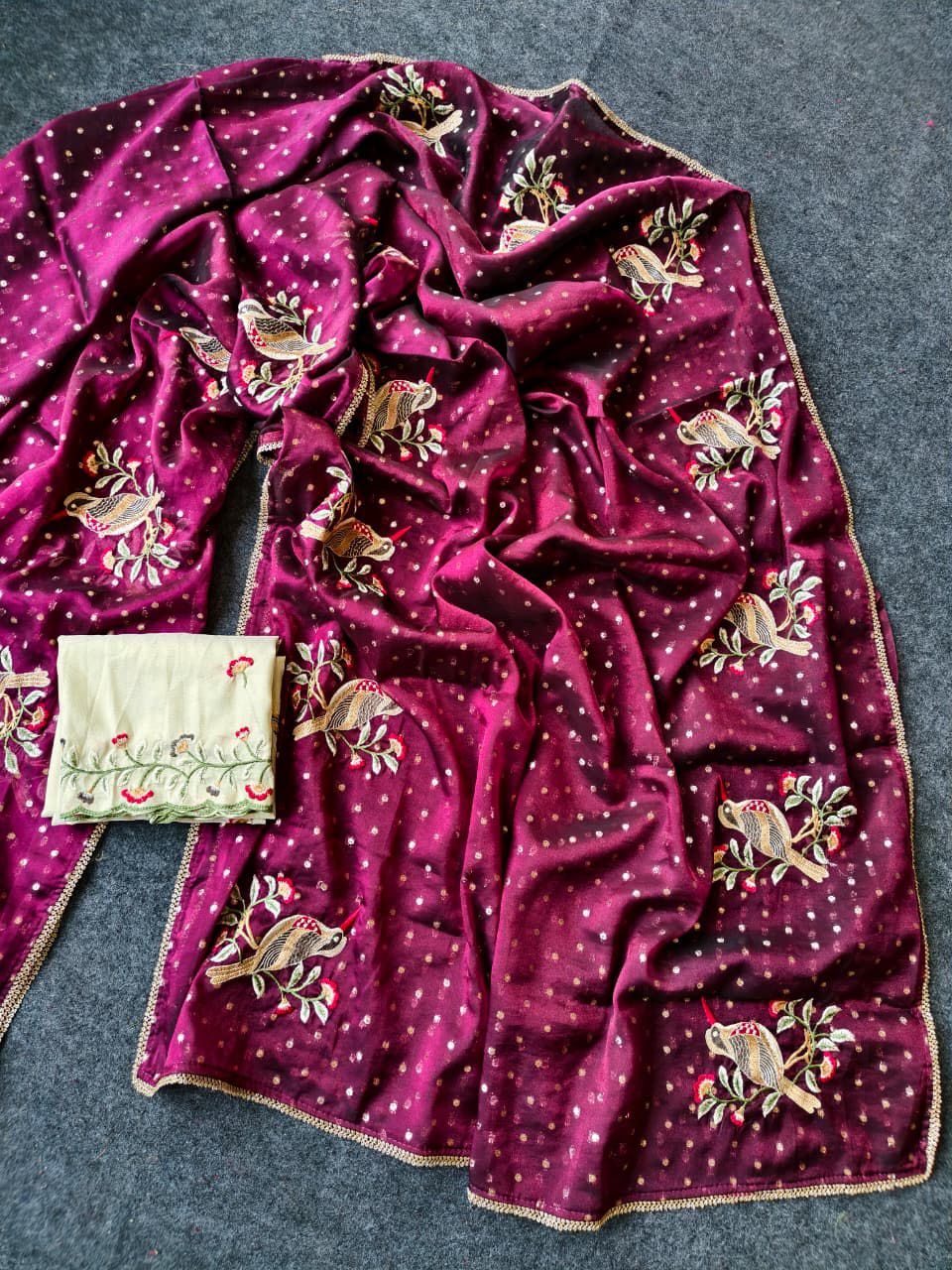 Ideal Wine Embroidery Work Chiffon Silk Saree With Imaginative Blouse Piece - Image 4