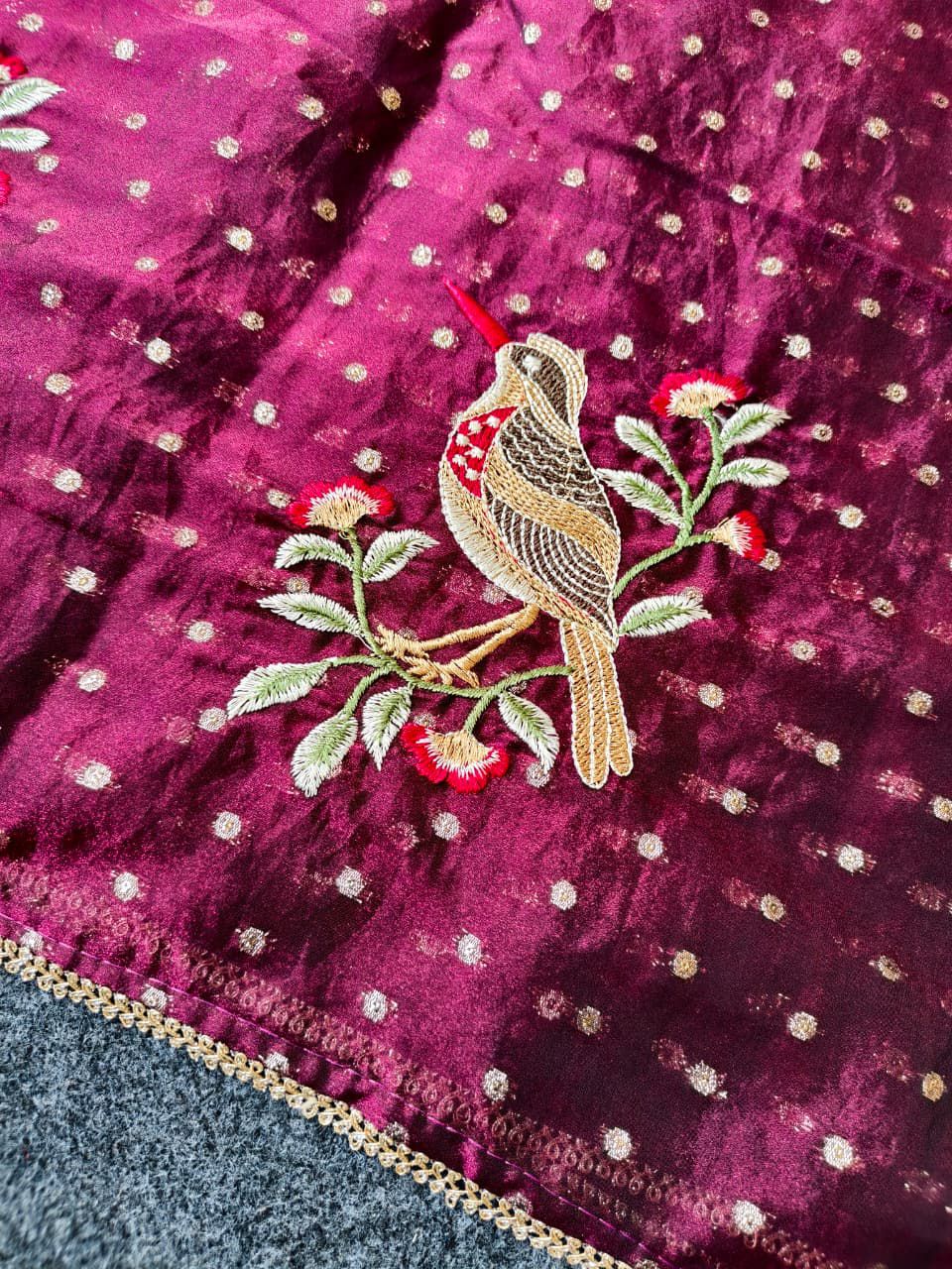 Ideal Wine Embroidery Work Chiffon Silk Saree With Imaginative Blouse Piece - Image 5