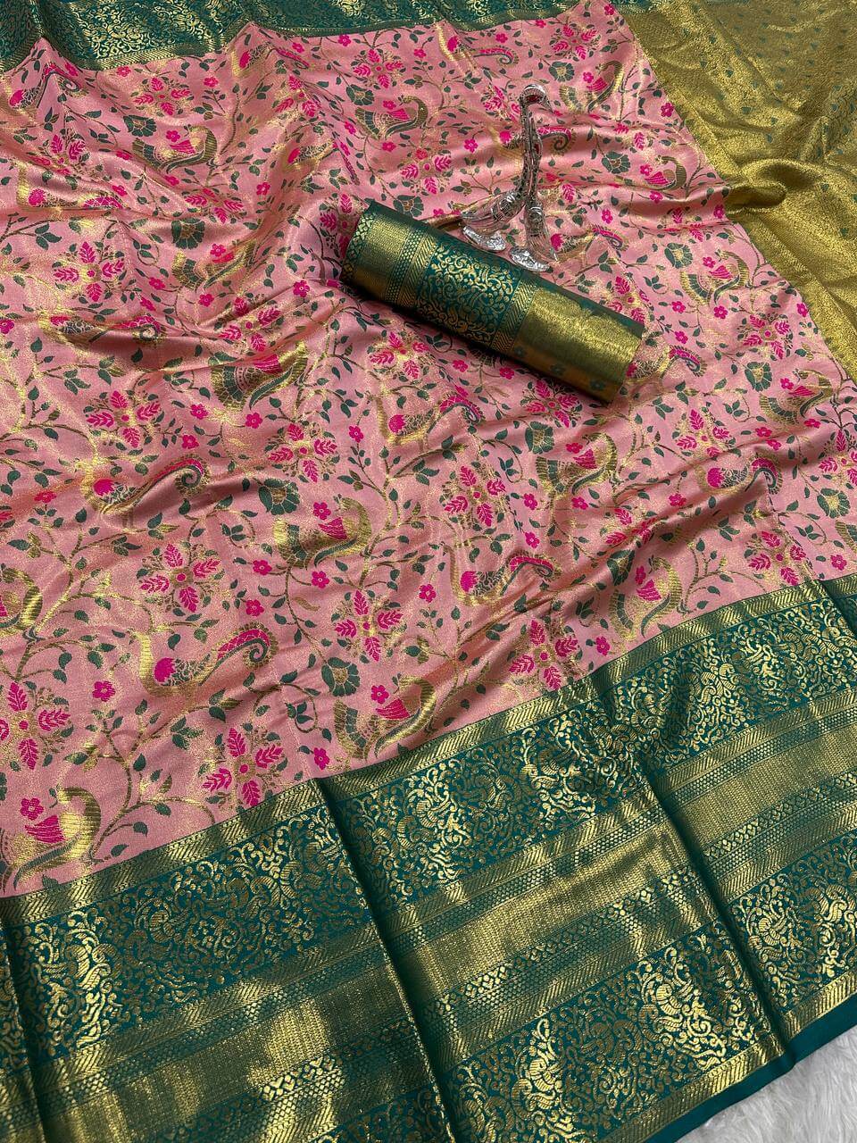 Imaginative Baby Pink Kanjivaram Silk Saree With Ravishing Blouse Piece - Image 2