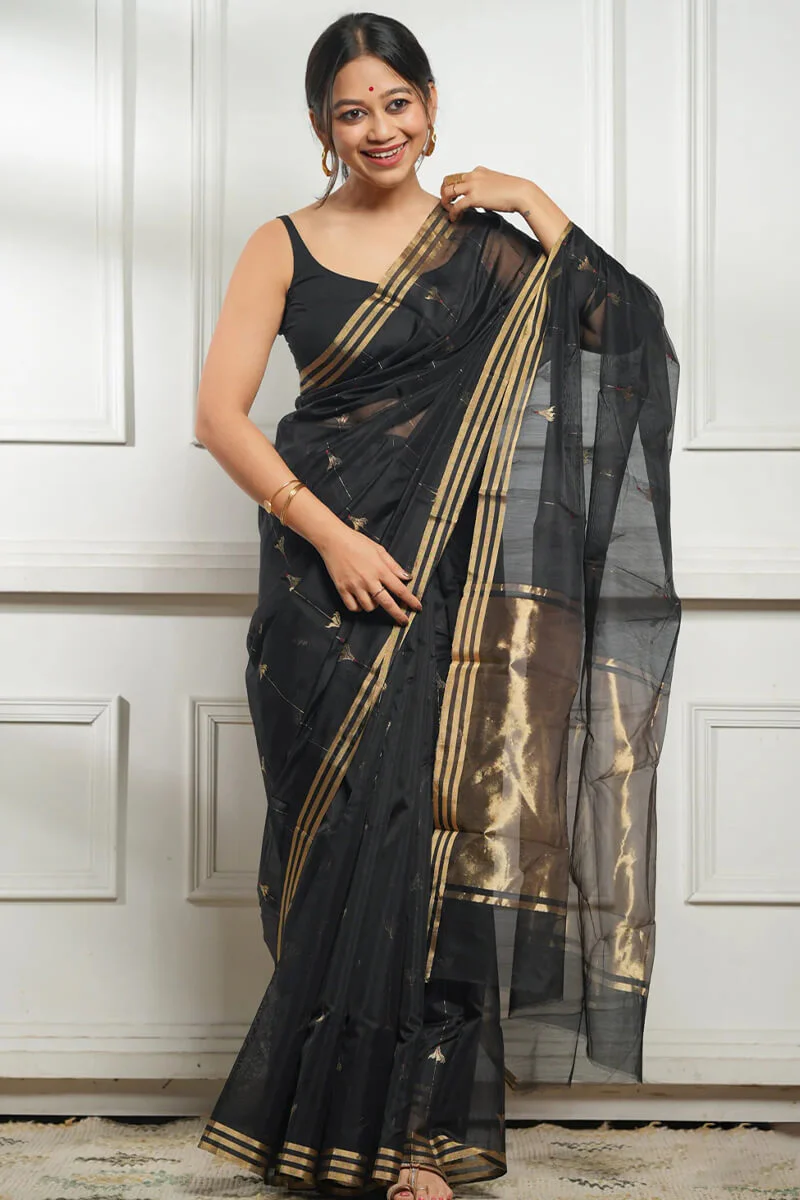 Imaginative Black Cotton Silk Saree With Desirable Blouse Piece - Image 6
